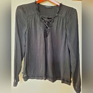 Maven West Revolve Womens Black Lace Up Fringe Trim Blouse Size M